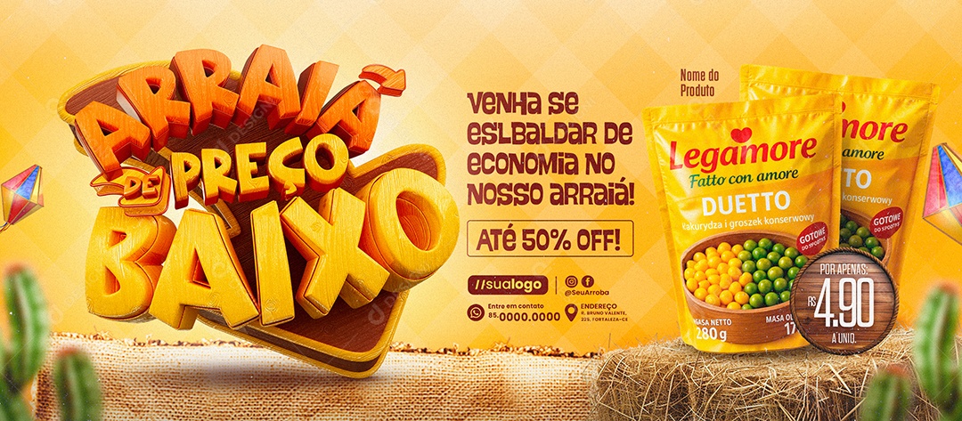 Banner Arraiá Supermercado Pacote de Milho e Ervilha Social Media PSD Editável