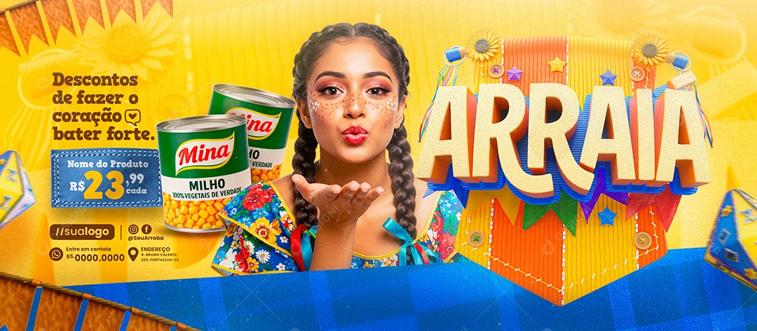 Banner Arraiá Supermercado Lata de Milho Social Media PSD Editável