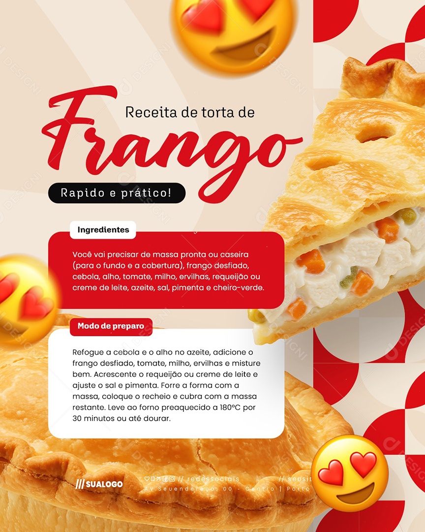 Receita de Torta de Frango Rápido e Prático Social Media PSD Editável
