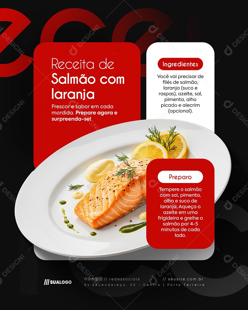 Receita de Salmão com Laranja Social Media PSD Editável