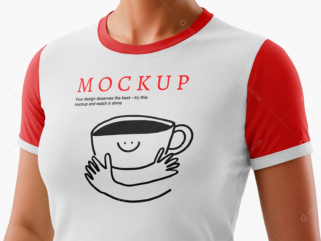 Mulher com Camiseta Mockup Manga Curta Moda Vestuário Vestir Roupa Loja PSD Editável