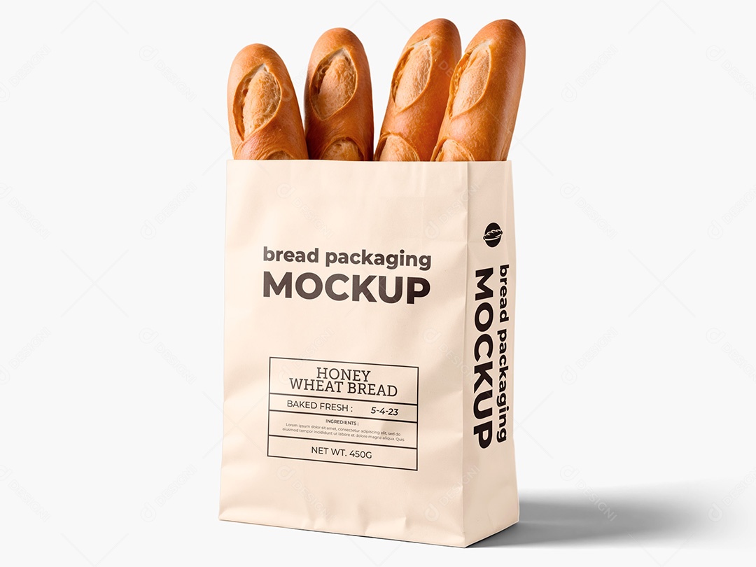 Pacote com Pães Baguete Mockup Embalagem Panificadora Cafeteria Mercado PSD Editável