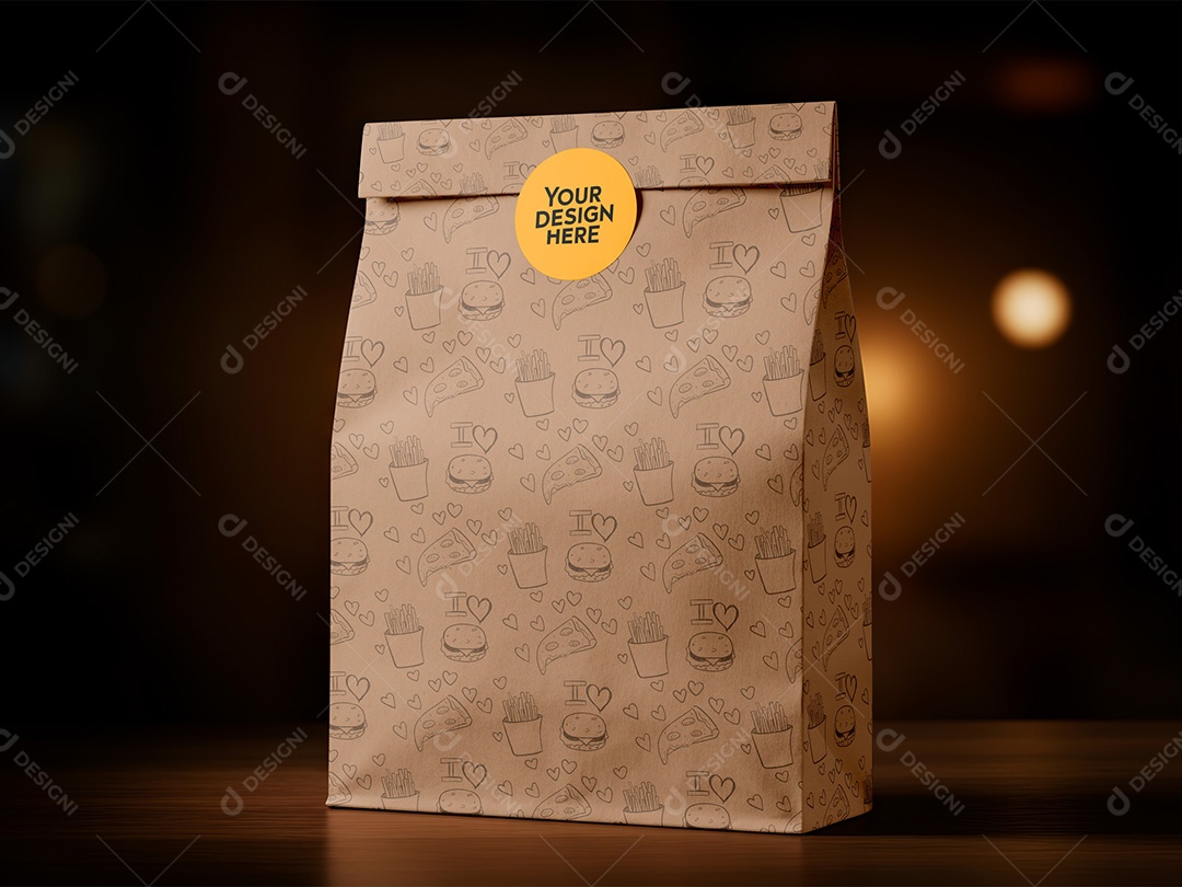 Pacote de Papel com Adesivo Redondo Mockup Delivery Entrega Lanches PSD Editável