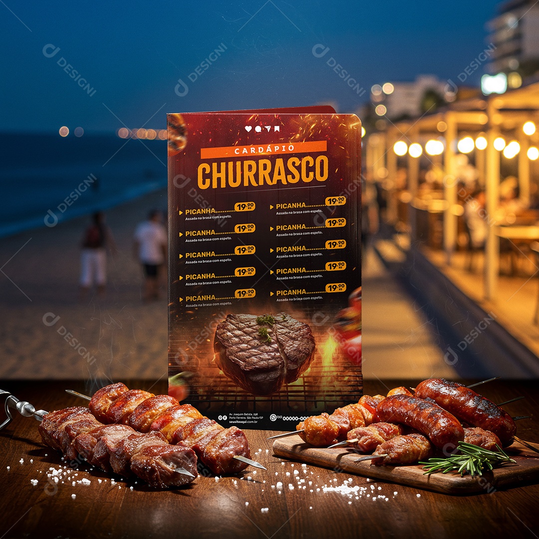 Mockup Cardápio de Churrasco Espetinho na Praia PSD Editável