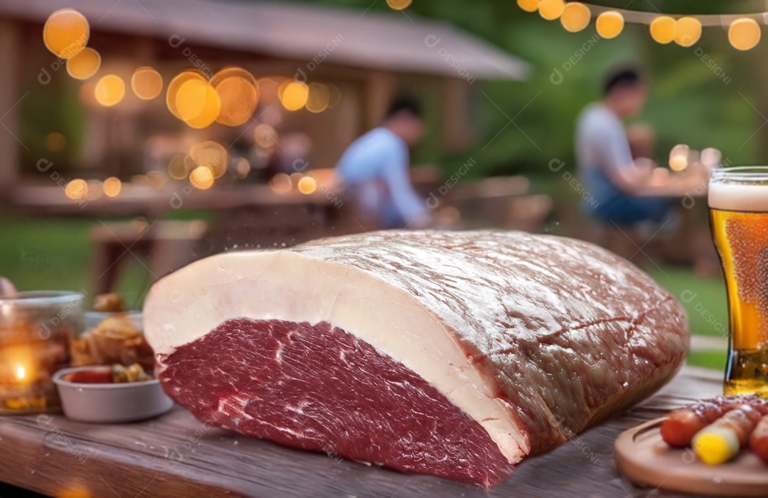 Peça de picanha sobre tábua de madeira