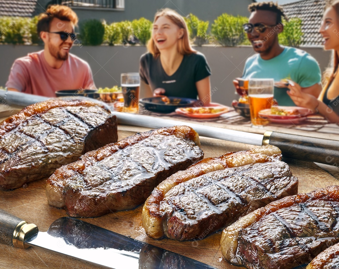 Picanha assada fatiada sobre tábua de madeira