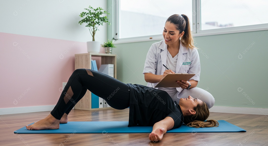 Bela mulher fisioterapeuta fazendo atendimento de uma paciente sob uma clínica