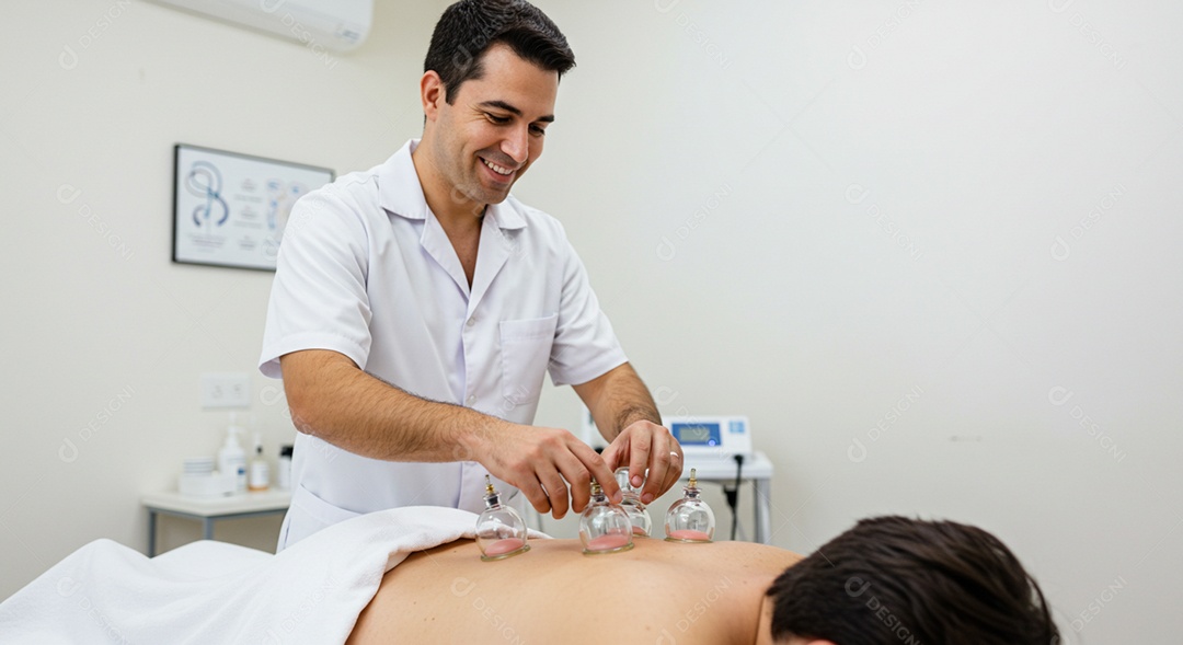 Belo homem fisioterapeuta fazendo atendimento de um paciente sob uma clínica