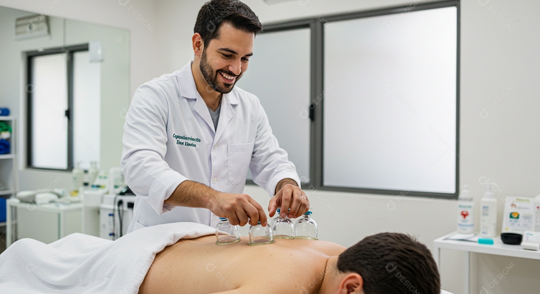 Belo homem fisioterapeuta fazendo atendimento de um paciente sob uma clínica