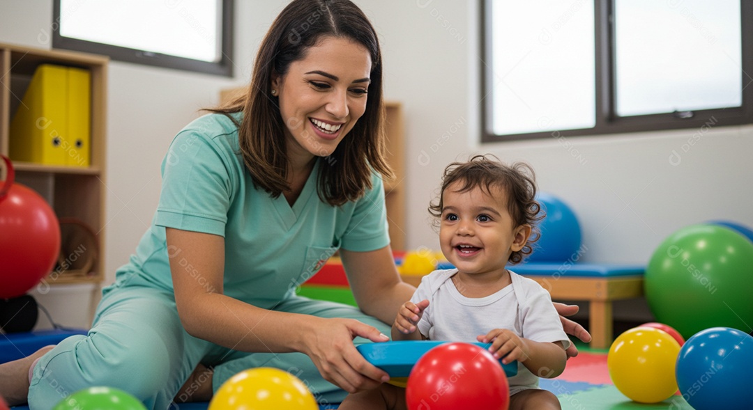 Bela mulher fisioterapeuta fazendo atendimento de uma criança sob uma clínica