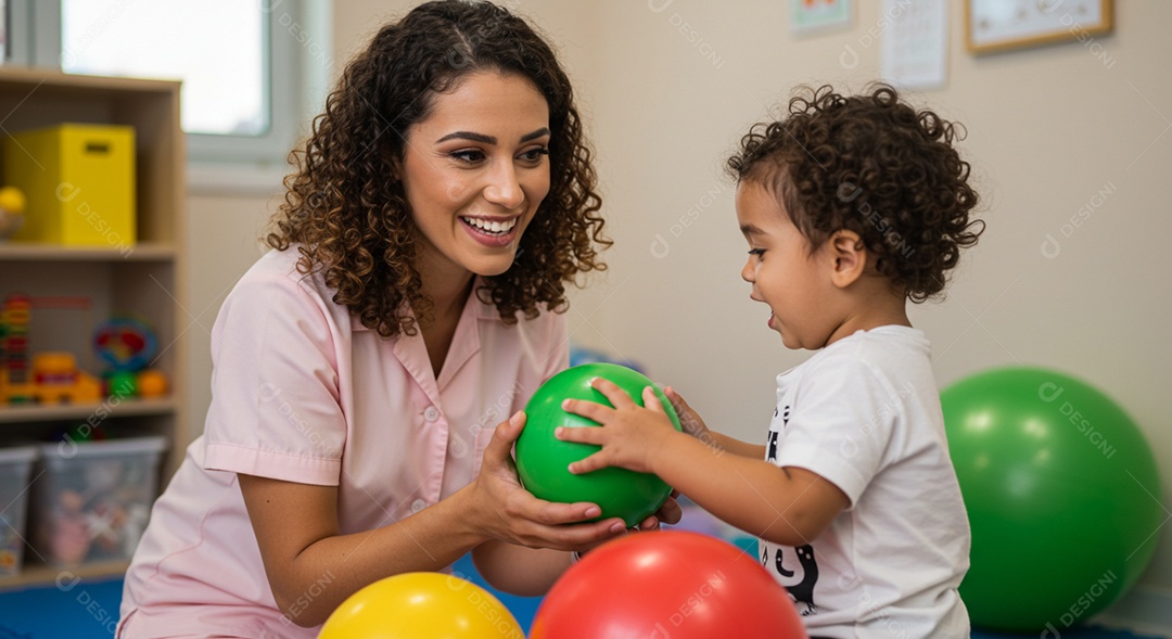 Bela mulher fisioterapeuta fazendo atendimento de uma criança sob uma clínica