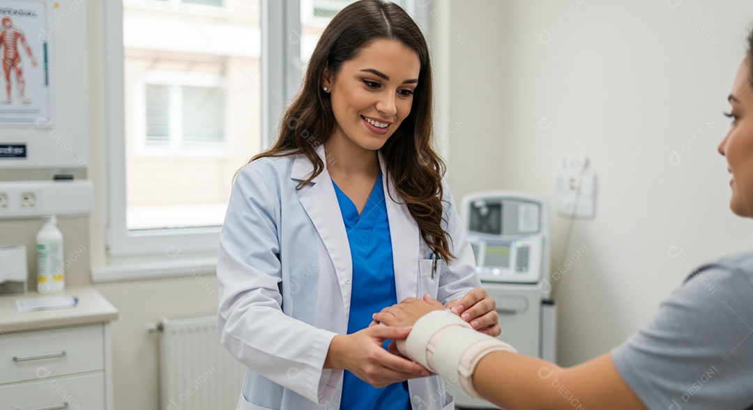 Bela mulher fisioterapeuta fazendo atendimento de uma paciente sob uma clínica