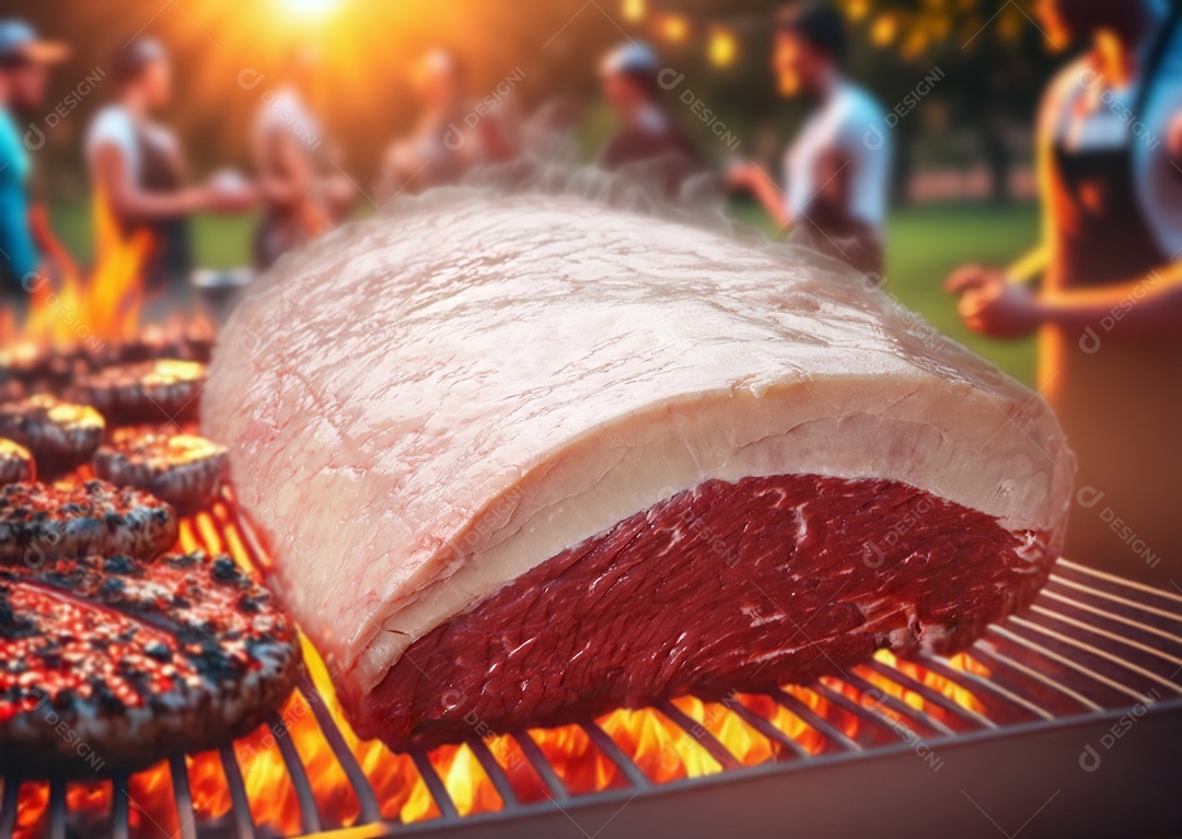 Peça de picanha crua sobre churrasqueira