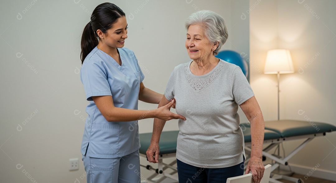 Bela mulher fisioterapeuta fazendo atendimento de uma paciente sob uma clínica