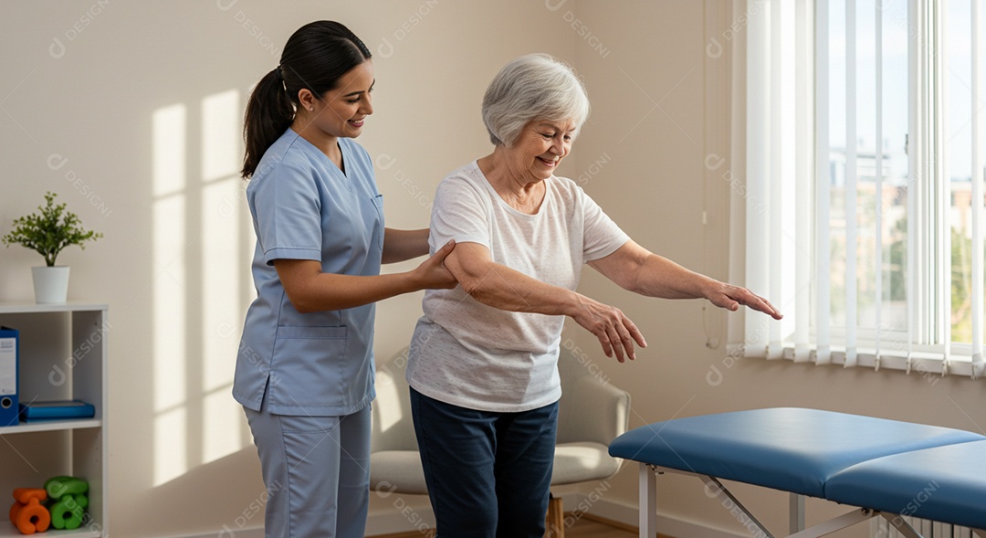 Bela mulher fisioterapeuta fazendo atendimento de uma paciente sob uma clínica