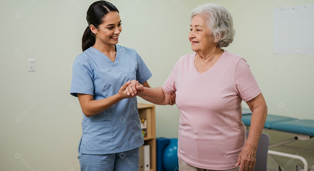 Bela mulher fisioterapeuta fazendo atendimento de uma paciente sob uma clínica