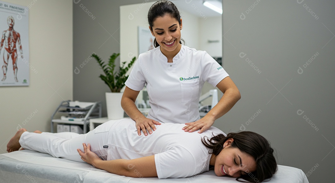 Bela mulher fisioterapeuta fazendo atendimento de uma paciente sob uma clínica