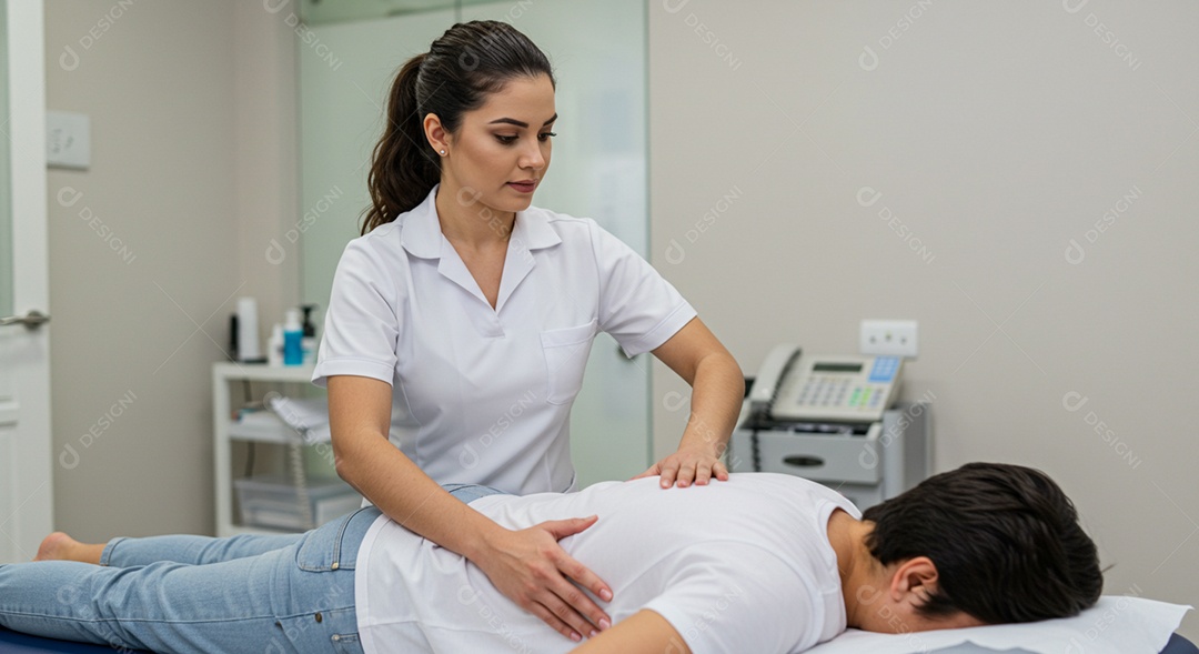 Bela mulher fisioterapeuta fazendo atendimento de uma paciente sob uma clínica
