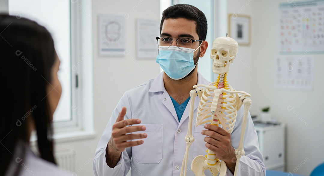 Belo homem fisioterapeuta fazendo atendimento de uma paciente sob uma clínica
