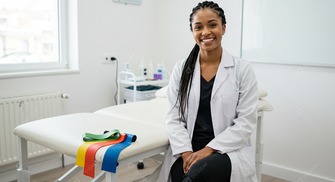 Close-up de fisioterapeuta fazendo pose sob uma clínica