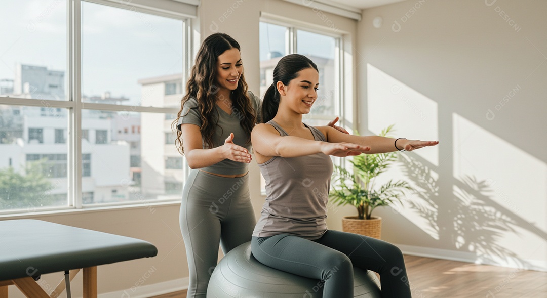 Bela mulher fisioterapeuta fazendo atendimento de uma paciente sob uma clínica