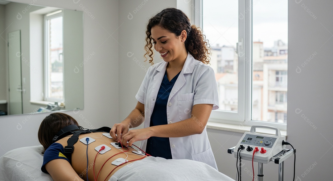 Bela mulher fisioterapeuta fazendo atendimento de uma paciente sob uma clínica