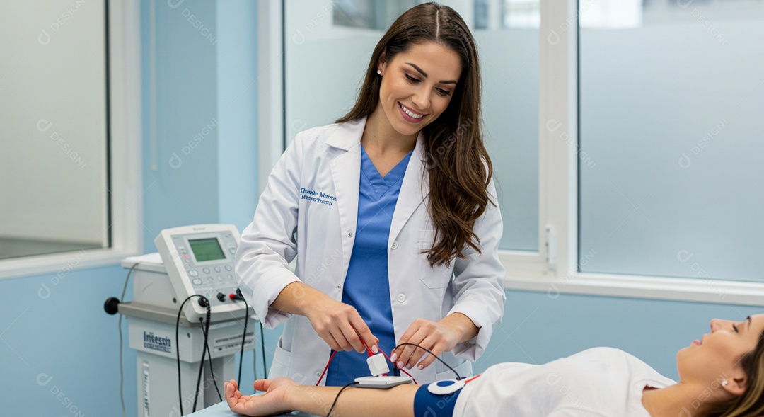 Bela mulher fisioterapeuta fazendo atendimento de uma paciente sob uma clínica
