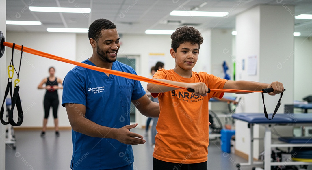 Belo homem fisioterapeuta fazendo atendimento de um paciente sob uma clínica