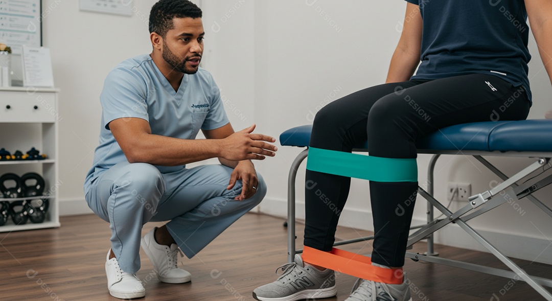 Belo homem fisioterapeuta fazendo atendimento de uma paciente sob uma clínica