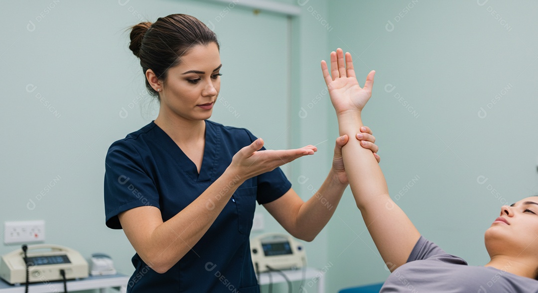 Bela mulher fisioterapeuta fazendo atendimento de uma paciente sob uma clínica