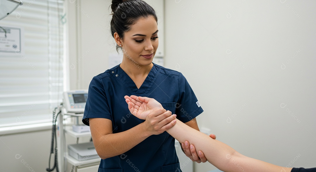 Bela mulher fisioterapeuta fazendo atendimento de uma paciente sob uma clínica