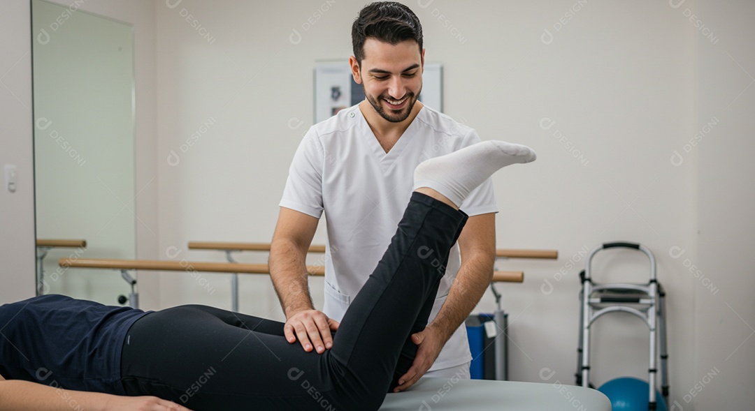 Belo homem fisioterapeuta fazendo atendimento de uma paciente sob uma clínica