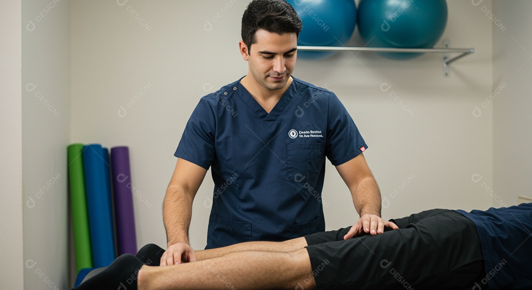 Belo homem fisioterapeuta fazendo atendimento de um paciente sob uma clínica