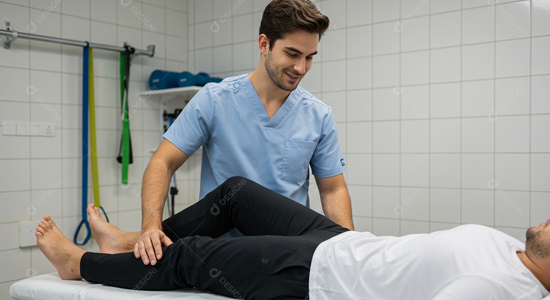 Belo homem fisioterapeuta fazendo atendimento de um paciente sob uma clínica