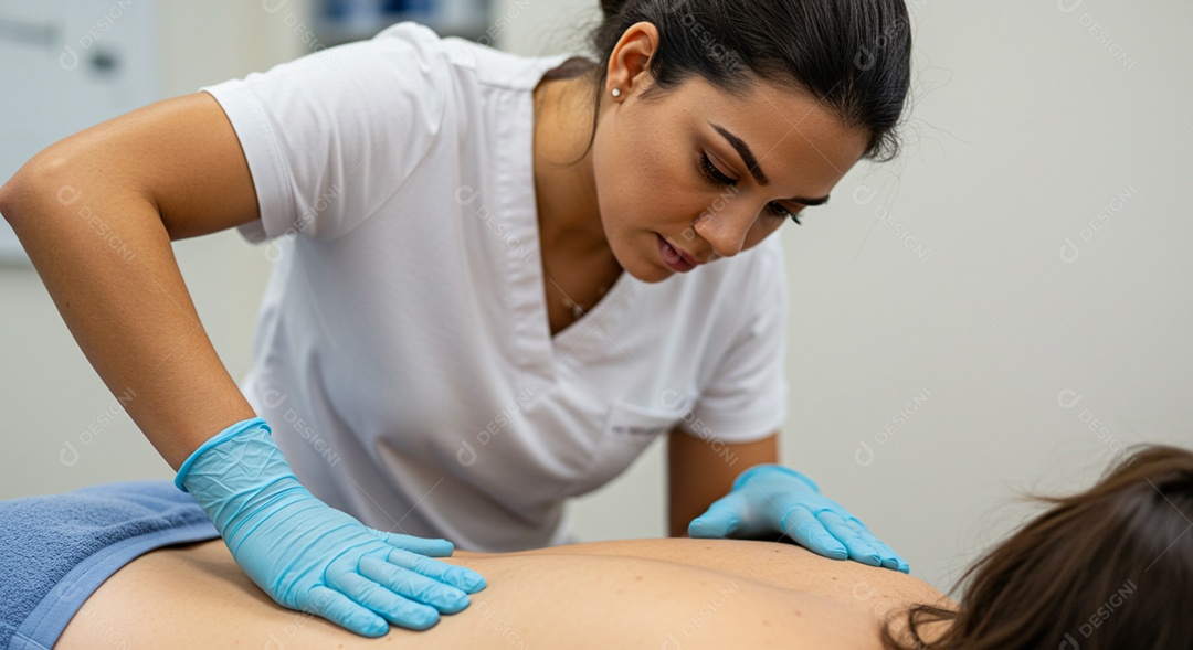 Bela mulher fisioterapeuta fazendo atendimento de uma paciente sob uma clínica