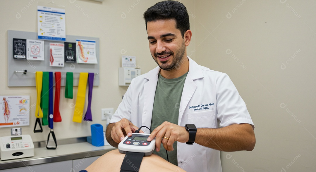 Belo homem fisioterapeuta fazendo atendimento de um paciente sob uma clínica
