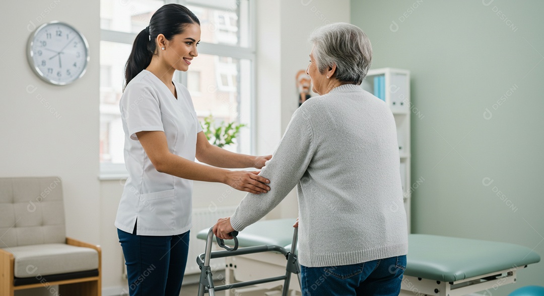 Bela mulher fisioterapeuta fazendo atendimento de uma paciente sob uma clínica