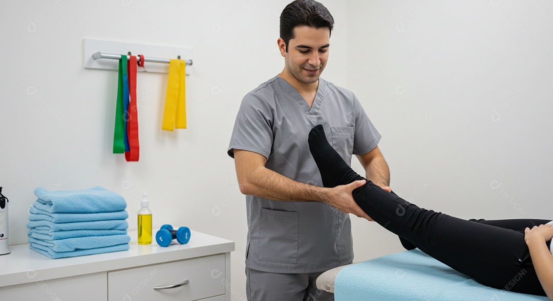 Belo homem fisioterapeuta fazendo atendimento de uma paciente sob uma clínica