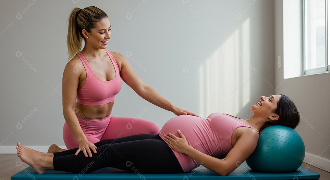 Bela mulher fisioterapeuta fazendo atendimento de uma grávida sob uma clínica