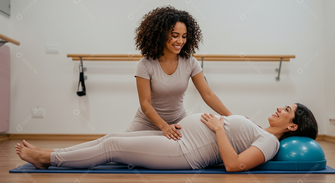Bela mulher fisioterapeuta fazendo atendimento de uma grávida sob uma clínica