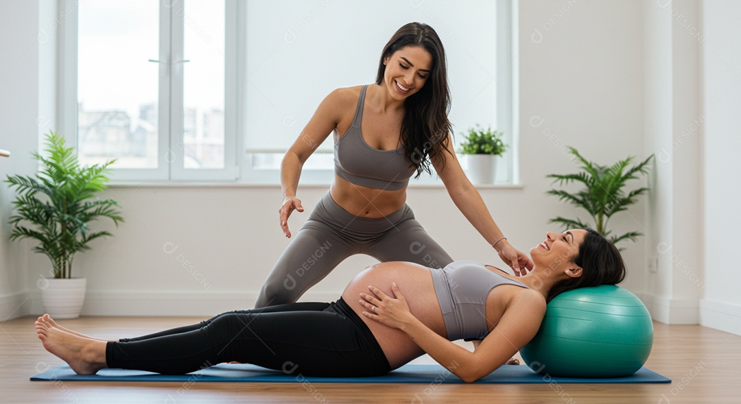 Bela mulher fisioterapeuta fazendo atendimento de uma grávida sob uma clínica