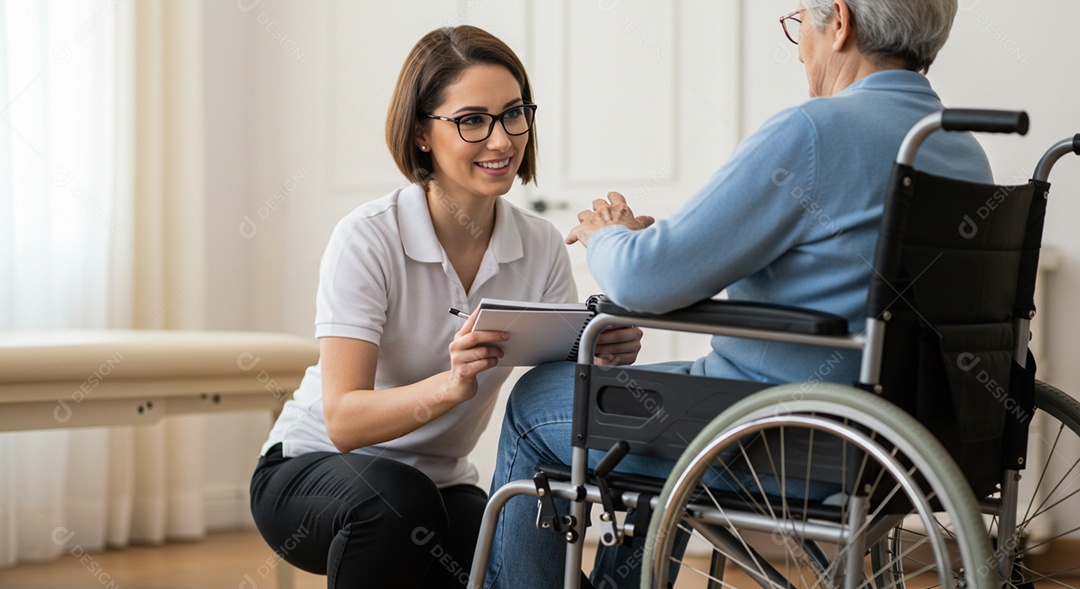Bela mulher fisioterapeuta fazendo atendimento de uma paciente sob uma clínica