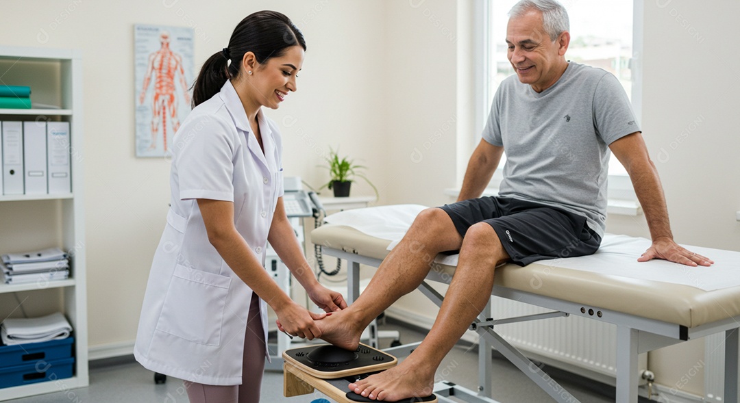 Bela mulher fisioterapeuta fazendo atendimento de um paciente sob uma clínica