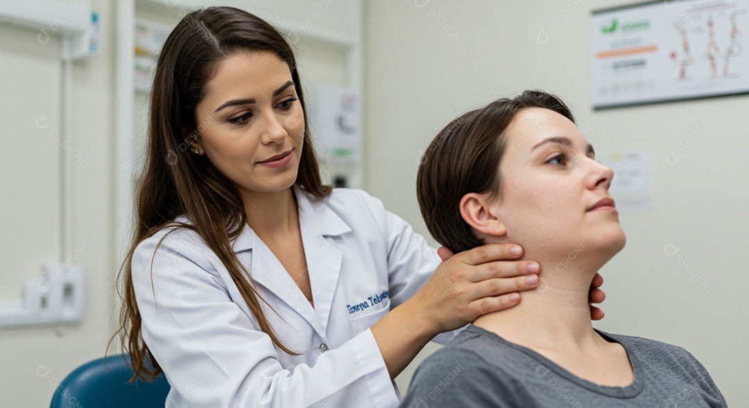 Bela mulher fisioterapeuta fazendo atendimento de uma paciente sob uma clínica