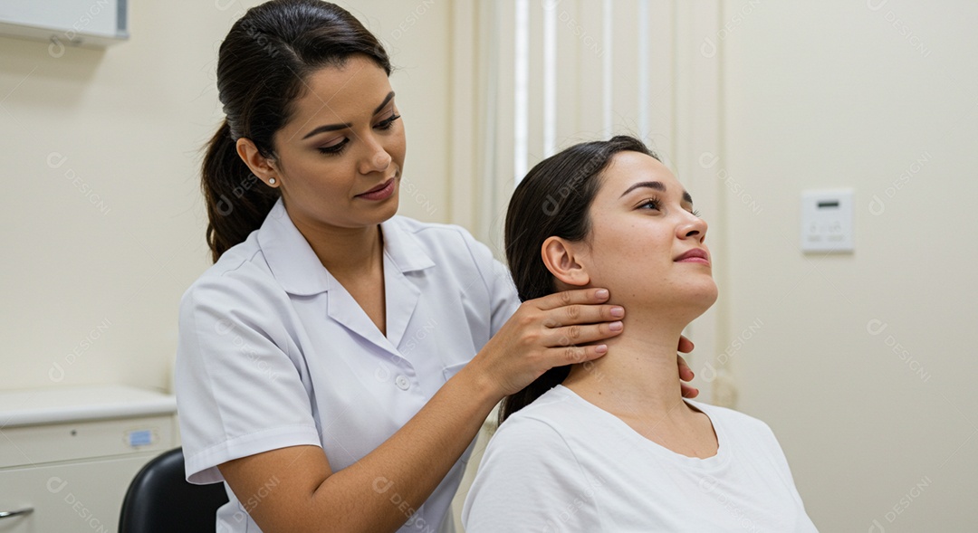 Bela mulher fisioterapeuta fazendo atendimento de uma paciente sob uma clínica