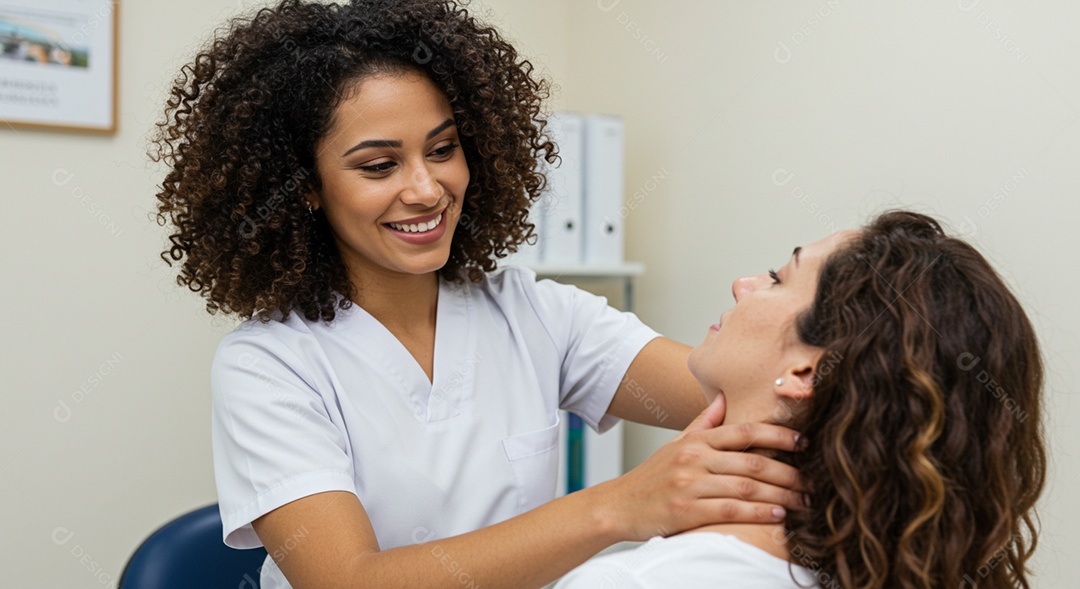 Bela mulher fisioterapeuta fazendo atendimento de uma paciente sob uma clínica