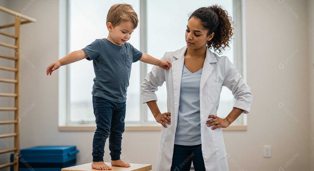 Bela mulher fisioterapeuta fazendo atendimento de uma criança sob uma clínica