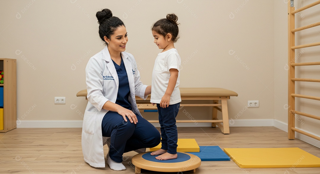 Bela mulher fisioterapeuta fazendo atendimento de uma criança sob uma clínica