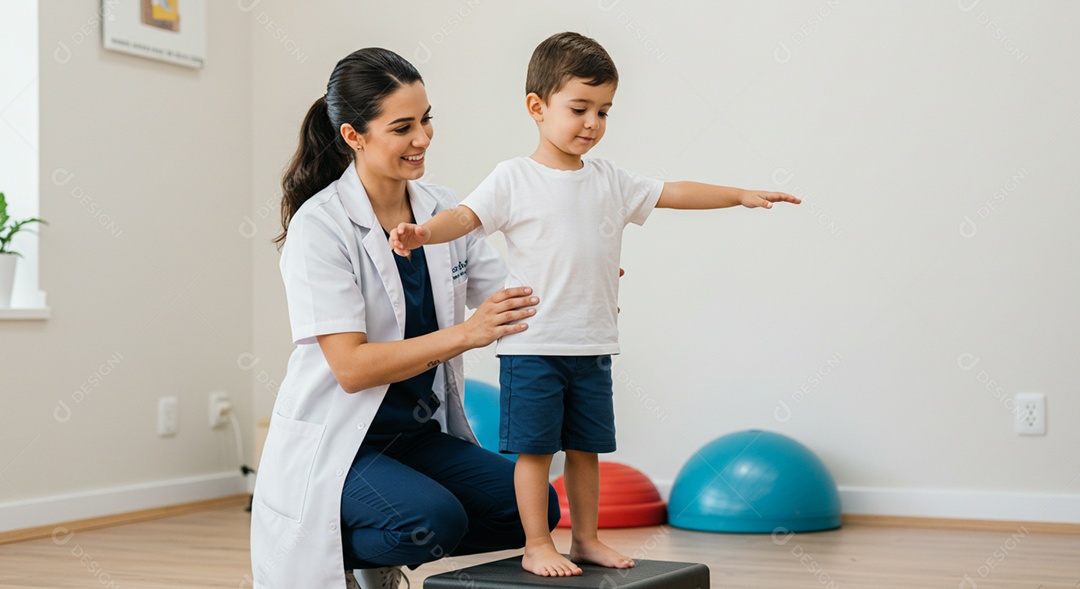 Bela mulher fisioterapeuta fazendo atendimento de uma criança sob uma clínica