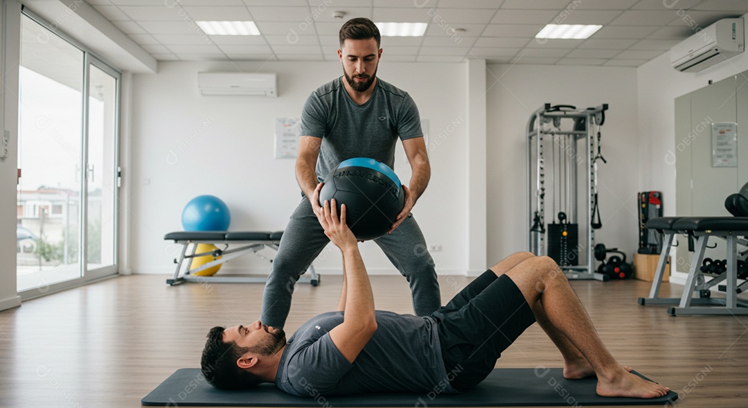 Belo homem fisioterapeuta fazendo atendimento de um paciente sob uma clínica